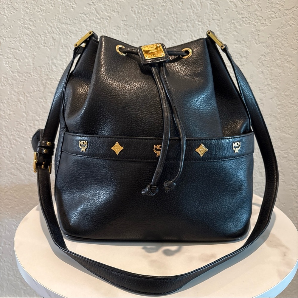 MCM Black Leather Drawstring Bucket Bag with Gold Hardware